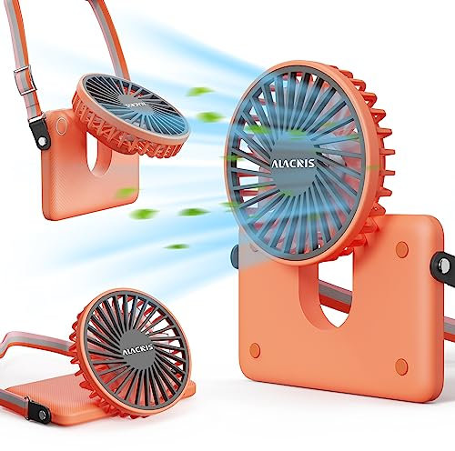 ALACRIS Mini Ventilateur Portable USB Rechargeable, Ventilateur de Cou Suspendu [3 Vitesse & Silencieux & 180° Pliable] Ventilateur de Poche pour Camping Bureau Shopping Voyage(Orange)