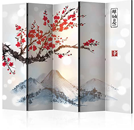 murando Akusticher Raumteiler Landschaft Japan Foto Paravent 225x172 cm beidseitig auf Vlies-Leinwand bedruckt Trennwand Spanische Wand Sichtschutz Raumtrenner Kirschbaum Kirschblüte p-B-0049-z-c