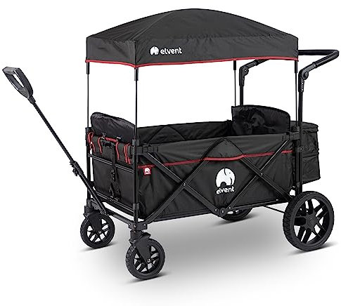 elvent® Allrounder Premium Bollerwagen - faltbar mit Dach | Sitzpolster, Hecktasche, Feststellbremse, Off-Road-Reifen, 5-Punkt-Gurt I 2 Kinder (Schwarz)