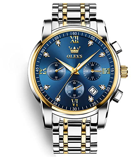 Herren-Chronograph-Armbanduhr, Gold Silber Edelstahl Band Analog Quarzuhr für Herren, leuchtende wasserdichte Multifunktions-Herren-Kleideruhr, Rund, Sportlicher Stil