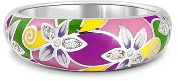 Jeulia Damen Sterling Silber Ring Mehrfarbig Emaille Blumen Geometrisch Diamant Band Ring für Frauen Mädchen Breiter Ring Party Schmuck Personalisierte Anniversary Geschenk (62(19.8), Blume)