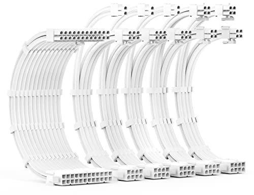 ABNO1 PSU Cable Extension Kit 30CM Length with Combs,1x24Pin/2x8Pin(4+4) EPS/3x8Pin(6P+2P) PCI-E/PC Sleeved for ATX Power Supply,White, All-White