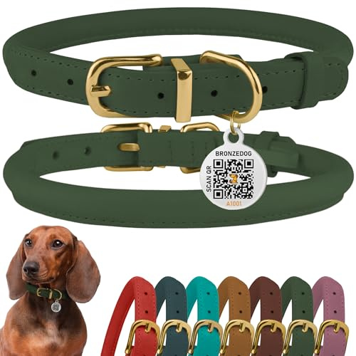 BRONZEDOG Hundehalsband aus gerolltem Leder mit QR-ID-Tag, verstellbar, weiche runde Halsbänder für kleine, mittelgroße und große Hunde, Welpen, Katzen (Smaragdgrün, 23-28 cm)