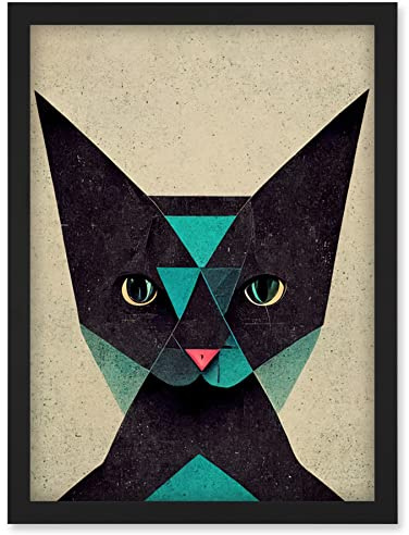 Doppelganger33 LTD Geometric Black Cat Teal Fun Quirky Artwork Framed Wall Art Print A4