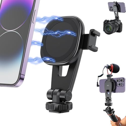 HAFOKO Magnetic Smartphone Tripod Mount Clamp Camera Phone Holder Desktop Adapter Stand with 1/4 Cold Shoe 360° Rotation Compatible for iPhone 16/15/14/13/12 Plus Max Android