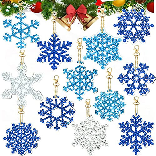 12 Stück Schneeflocken Diamant Painting Weihnachten Deko, Diamond Painting kinder Anhänger, Weihnachten Schneeflocken Painting kit DIY Diamond Painting Schlüsselanhänger