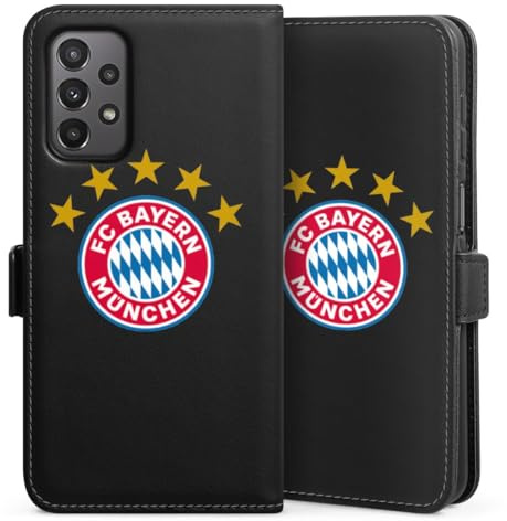 DeinDesign Klapphülle kompatibel mit Samsung Galaxy A23 5G Handyhülle aus Kunst Leder schwarz Flip Case FC Bayern München FCB Sterne