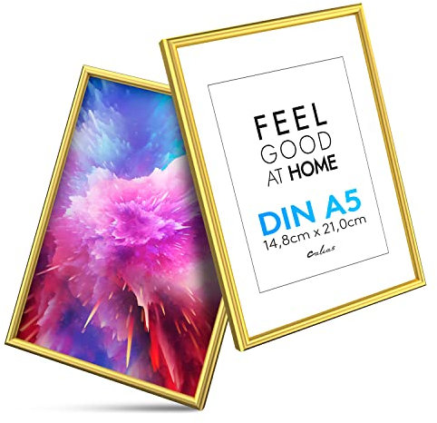 Calias® [2 STK.] Bilderrahmen A5 - Kunststoff Bilderrahmen Gold mit bruchsicherem Plexi Glas - Fotorahmen inkl. Aufsteller und Aufhängung - Hochwertige Bilder Rahmen Made in EU