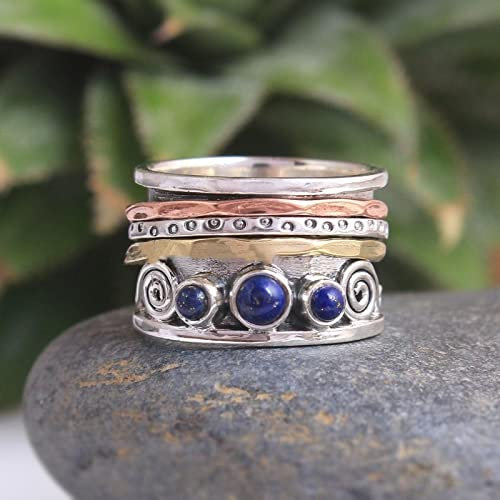 Bysonglezai Ring Damen Ringe Herren Frauen Geschenk Vintage Runder Blauer Stein Boho Ring Klassische Dreifarbige Gravur Spirale Trauringe Für Frauen 7 Ring