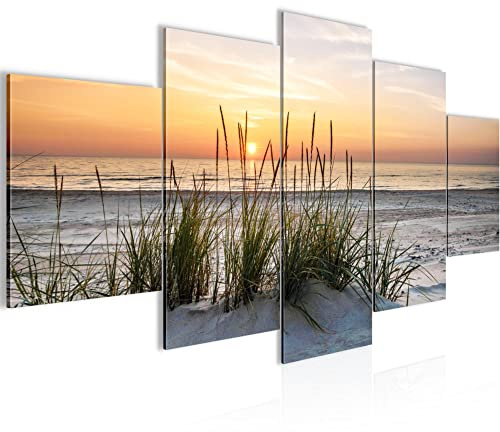 Runa Art Bild Wohnzimmer Strand Sonnenuntergang 5 Teilig Meer Natur Wandbilder auf Vlies Leinwand 043753a