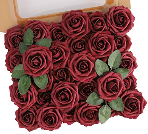 N&T NIETING Fiore di rose artificiali, 30 pezzi, decorazione di fiori finti, con steli, fai da te, per matrimonio, decorazione per la casa, rosso scuro