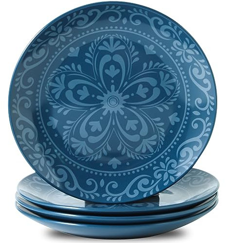 YELLOYA Juego de 4 platos grandes de cerámica de 10.5 pulgadas, ideales para pizza y ensaladas, perfectos para el hogar, restaurante y fiestas, aptos para microondas y lavavajillas, elegante diseño de