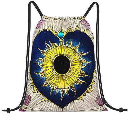 ZYVIA Cartoon Herz Sonne Kordelzug Casual Sport Rucksack Polyester Wasserdicht Stark Leicht Eingebauter Reißverschluss Extra Sicherheit Ideal Für Gym Yoga Dance Reisen, Schwarz , One size