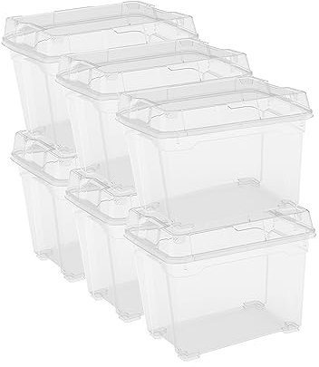 Keter Juego de 6 recipientes de plástico con tapa Jumbo Box S, transparentes, ideales para ropa y como almacenamiento, aptos para armarios y garajes, 21 L, 37 x 26 x 31 cm