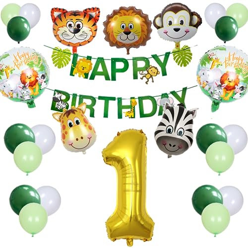 KOBOKO 1 Geburtstag waldtiere geburtstag deko,geburtstagsdeko 1 jahr junge/Mädchen,dschungel geburtstag dekoration,safari geburtstagsdeko,mit Happy Birthday Banner, Folienballon, Luftballon