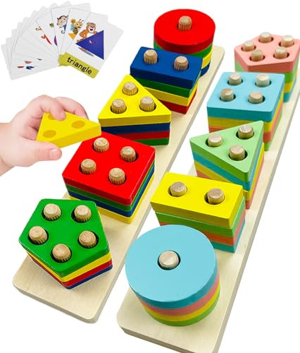 Ucokee Montessori Spielzeug ab 1 2 3 Jahr, 2 pcs Holz Sortier & Stapelspielzeug, 12 kognitive Karten - Aktivitäts Entwicklungs Spielzeug, Baby Kinderspielzeug Geschenk 1 2 3 4 Jahr