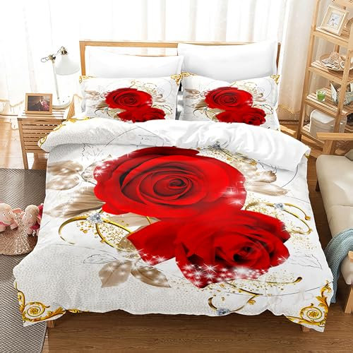 Pengcen Bedding 3-teiliges Bettbezug-Set, rote Rosen und goldene Blätter, weiche Mikrofaser, 1 Bettbezug und 2 Kissenbezüge, Super-King-Size-Bett