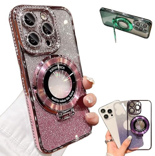 Zlimpty Glitter Rhinestones Magnetic for iPhone Case with Invisible Stand, Transmitg Glitter Rhinestones Gradient with Lens Protection for iphone 15/14/13/12 case (Pink,for iPhone 13pro)