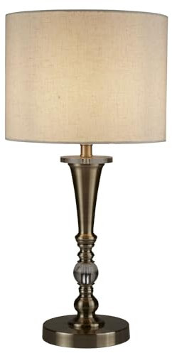 Licht-Erlebnisse Tischlampe groß 62 cm hoch in Messing Antik Natur E27 Stoff Metall Klassisch Tischleuchte Wohnzimmer Nachttischlampe Schlafzimmer