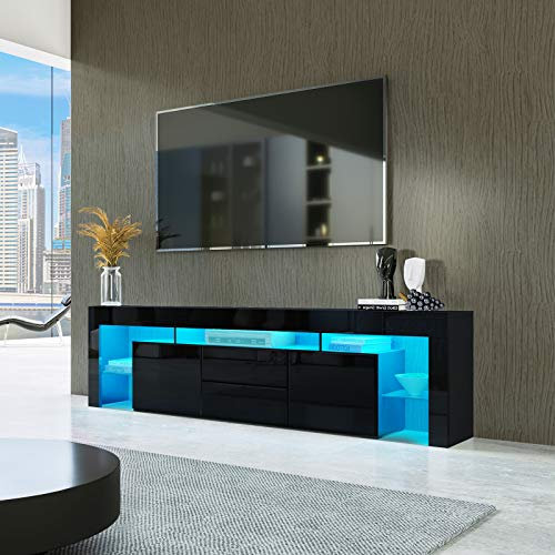 High Gloss TV Stand Unit with 2 Doors & 2 Drawers, LED TV Cabinet Entertainment Center for 65-80 Inch TVs, Modern Adjustable Shelves Storage Furniture for Living Room, Bedroom (Black)
