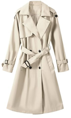 Tuopuda Trenchcoat Damen Lang Übergangsmantel Mantel Klassische Herbst Frühling Zweireiher Jacke Trench mit Gürtel Damenmantel Baumwolle Windjacke, Beige, S