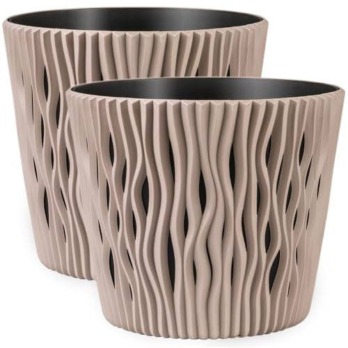 PECZEKO Lot de 2 pots de fleurs mats, ronds, en plastique, durables et légers, pour salon, salle à manger, cuisine, terrasse, balcon, moka - Diamètre : 22 cm