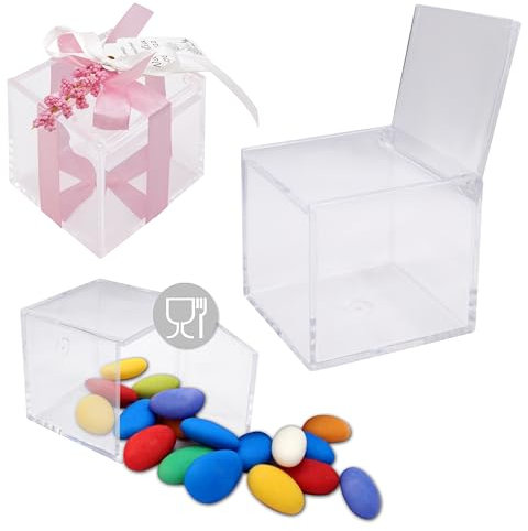 Decoraparty 12 Scatoline Trasparenti con Coperchio Porta Confetti 6 x 6 x 6 cm - Cubo in Plastica Plexiglass Scatole per Bomboniera, Comunione, Cresima, Matrimonio, Battesimo (Set da 12)