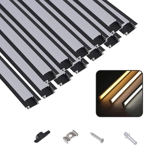 T&K LED Aluminium Profil 12 x 1M U-Form verdeckter Einbau Schwarz mit Abdeckung Opal, Endkappen und Montageklammer, Eckprofil Eloxiert Für LED-Streifen und LED-Stripes