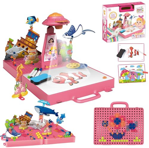 ANYCESO Projector Drawing Board for Kids, Tracking and Drawing Board, 3-7 Year Old Kids Projector with Music, Coloured Pencils, Scrapbook, Sticker Book (Rosa)