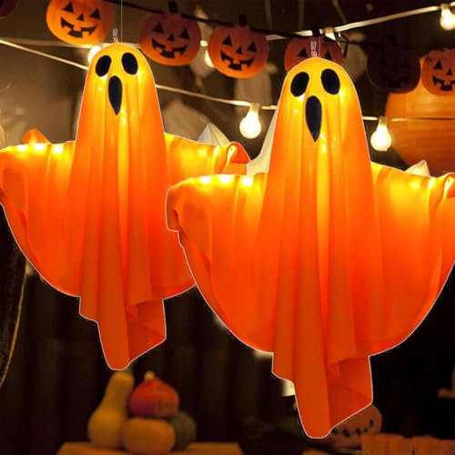 Starnearby Halloween Deko Outdoor, LED Hängende Geister 50CM, Lichterketten Halloween Geist Hängende Dekoration für Party, Terrasse, Rasen, Garten, Vorgarten Deko (2Pcs Orange)