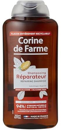 Corine de Farme - Shampooing Réparateur à l’Huile d'Argan - Démêle, Nettoie et Nourrit les Cheveux Secs à Rêches - Formulation Clean Beauty - 500 ml
