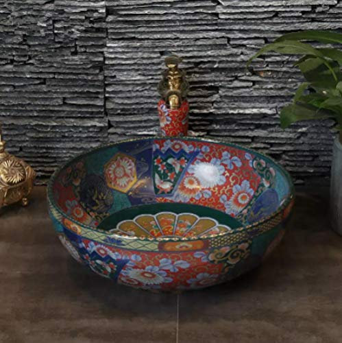 XFZJCHAP Lavabo da Bagno, Lavabo da Appoggio Pittura Decorativa in Ceramica Arte Contenitore per Bagno Lavandino Rotondo in Ceramica e Lavandino da Bagno Trapunta da appoggio