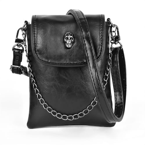 Iridsmole Crossbody-Tasche für Mädchen, Gothic, kleine Umhängetasche, schwarze Damen-Umhängetasche, Totenkopf-Leder-Umhängetaschen, Damen-Handtasche mit verstellbarem Riemen, Schwarz , 18*15*2cm