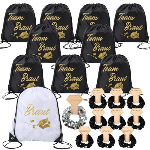 20 Stück JGA Party Zubehör, Team Bride Turnbeutel, Team Bride Rucksack Set mit Haargummis, Braut Tasche mit Kordelzug, Junggesellenabschied Tasche Brautparty Geschenke für Hochzeit Verlobung Hochzeit