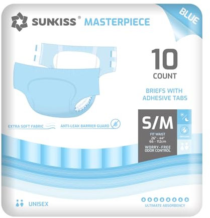 SUNKISS Masterpiece Windeln für Erwachsene mit ultimativer Saugfähigkeit, Einweg Inkontinenz Slips für Männer und Frauen, mit Tabs, Auslaufschutz bei Blasenschwäche, Blau, Größe S/M, 10 Stück