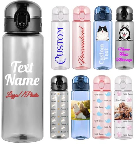 Xsersao Botella de Agua Personalizada 780ml con Foto y Nombre Botella Plástica Transparente para Niñas Niños Adultos Gym y Deportes - Texto Horizontal Negro