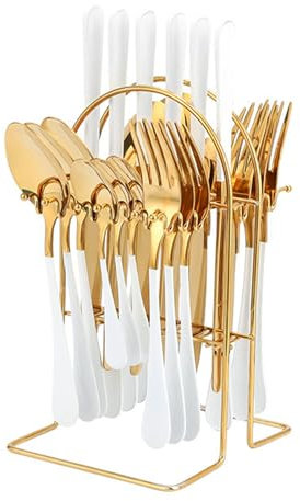 AVEKI 24-Piece Stainless Steel Cutlery Set with Stand - 6 Person Mirror Polished Tableware Set, Elegant Silverware for Home Restaurants, Includes Knives, Forks, Spoons, Tea Spoons (White Gold)