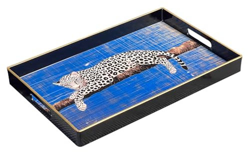 Simmer Stone Decorative Tray, Marbling Plastic With Handles, Rectangular Vanity And Serving For Bathroom, Kitchen, Ottoman And Coffee Table, 15.6” x 10.2” (walking leopard Blue)