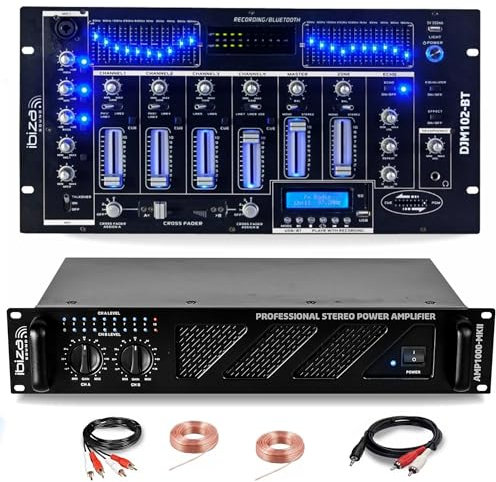 Ibiza - DJ-Sound-Pack Verstärker Ibiza Sound AMP1000-MKII 1600 W – Mischpult Bluetooth DJM102-BT USB Klinke XLR – Cinch-Kabel mit Lautsprechern