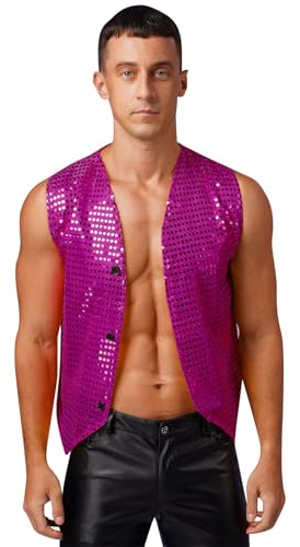 Sywiyi Herren Pailletten Weste Oberteil Vintage Disco Kostüm Ärmelos Jacke Waistcoat Tops Button Down Karneval Kostüm