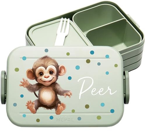4youDesign | Personalisierte Kinder Brotdose Midi Grün mit Namen - Lunchbox Affe Motiv für Kindergarten & Schule - Brotzeitdose Mädchen Junge