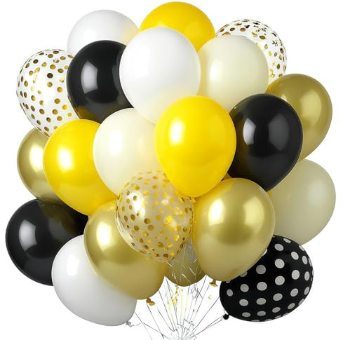 60 Stück Luftballons Gelb Gold, 12 Zoll Latex Ballons für Mädchen Geburtstagsfeiern, Gelb, Maca-Gelb, Schwarz mit weißen Punkten, Weiß, Pailletten-Gold, Metallic-Gold Ballons für Hochzeit, Brautparty