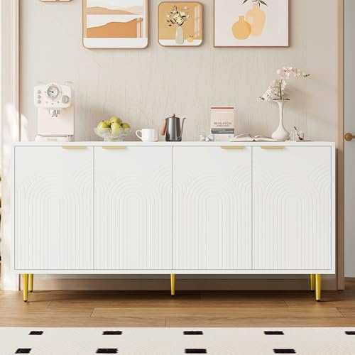 SUKY Sideboard Wohnzimmer, 160×80×40 cm, Kommode mit 4 Türen Goldene Gebürstete Griffe und Hochglanz Tischbeine Komodenschrank, Weiß