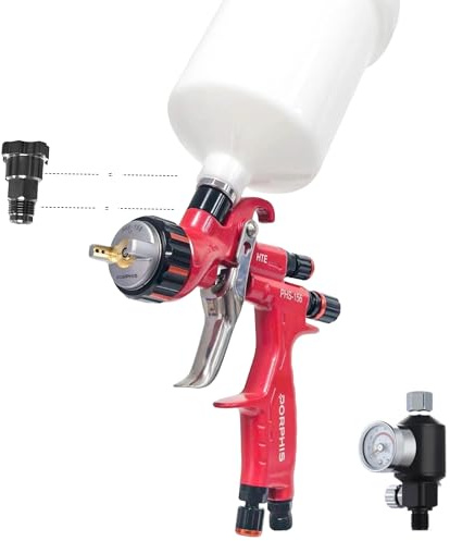 PORPHIS PHS-156 1.3mm HVLP Nozzle Gravity Feed Spray Gun Starter Bundle – Includes Inline Regulator & Filter, PPS 1.0 Adapter, and Cleaning Kit