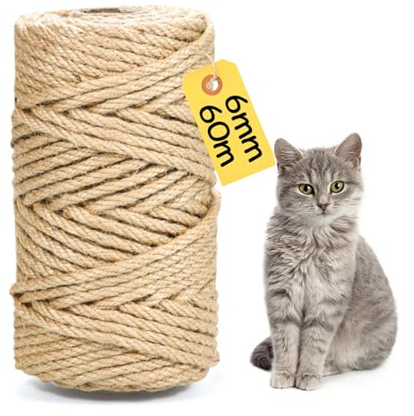 Sisal Rope 6mm × 60m for Cat Scratching Post Replacement and DIY Projects | Natural Sisal, 4-Strand Braid, 6mm Rope, Strong Woven Fibre, Cat Scratcher Repair, DIY, Gardening, Rustic Décor, Easy to Cut