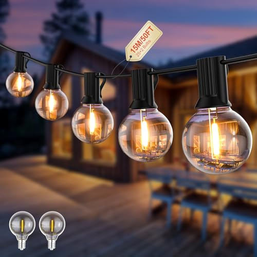 G40 15M LED Lichterkette Außen Outdoor mit Stecker 25 Bruchsichere Birnen | Pogestrand Verbindbar Beleuchtung Lichterkette Strom 2200K Warmweiß,Lampions Außen Wetterfest,Draußen Balkon Pavillon Hof