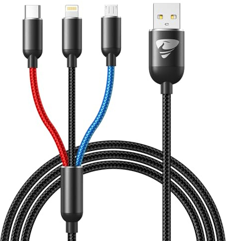 Multi USB Kabel, 3 in 1 Universal Ladekabel [1.2M] Nylon USB C schnellladekabel iPhone Ladekabel Mehrfach mit Micro USB Typ C Lightning Kabel für iPhone 17 16 15 14 13 12, Samsung, Handys, Schwarz
