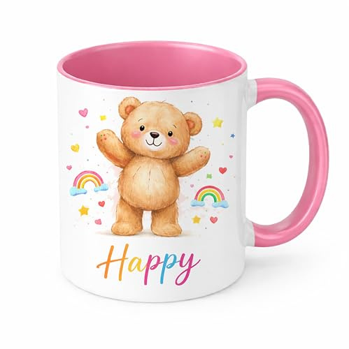 Brew Crew Gifts Happy Teddy Bear Mug, White Ceramic Coffee Mug with Cheerful Bear, Rainbows, Stars and Hearts Design (Pink)