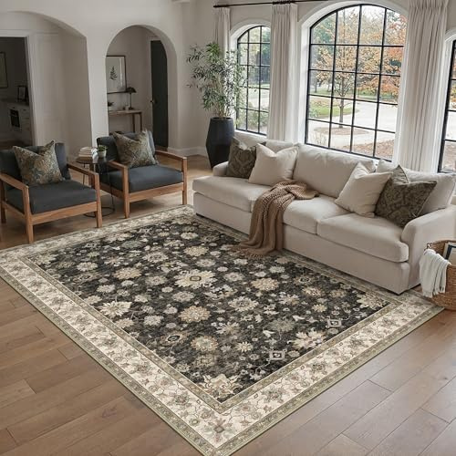 PureCozy Vintage Teppich Wohnzimmer 160x230cm Schwarz Gold Waschbar Teppiche Rug