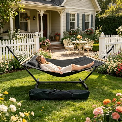 Doppelhängematte Mit Gestell, Belastbar Bis 215kg, Wetterfeste Gartenhängematte Mit Kissen & Tragetasche, 3-Fach Gedrehte Seile, Hängematte Für Garten, Terrasse, Camping & Strand